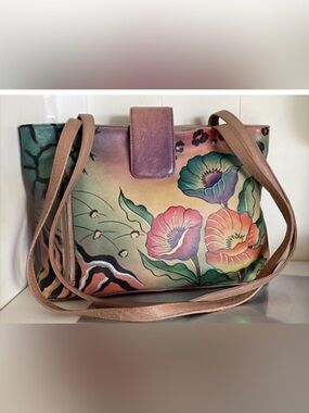Anna by Anuschka Handpainted Multicolor Flowers Leather Shoulder Bag Handbag